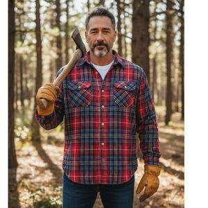 "The Mens Store " VTG Plaid Flannel Button Up Shirt Red Blue Acrylic,PAINT SPOTS